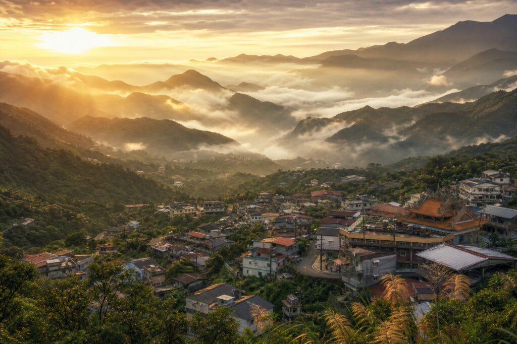 晨霧中的山城盆地意象