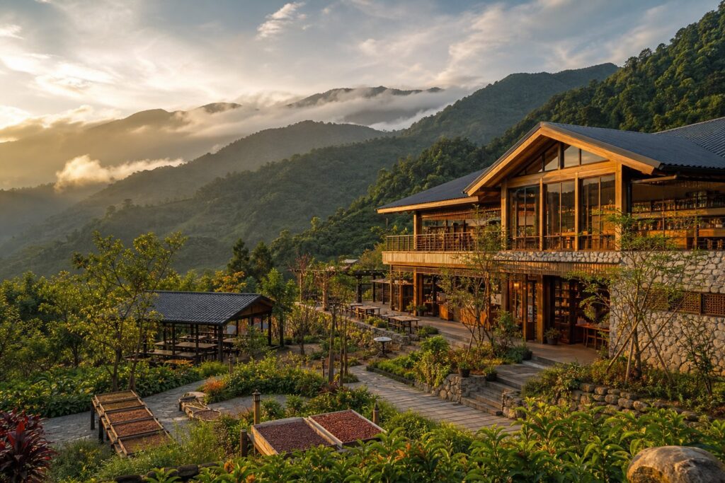巧克力工房坐落於埔里群山綠意之間的風景意象