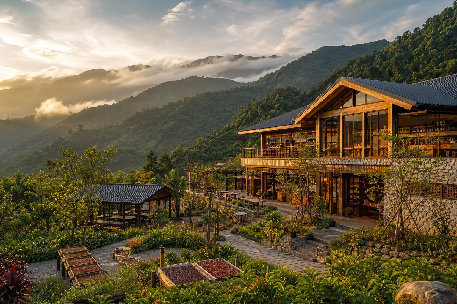 巧克力工房坐落於埔里群山綠意之間的風景意象